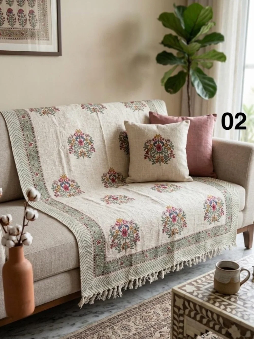 Hand Block Printed Jute Sofa Throw, Boho Indian Home Decor Blanket